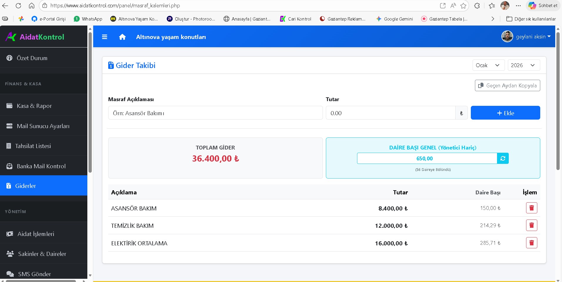 Aidat İşlemleri Paneli
